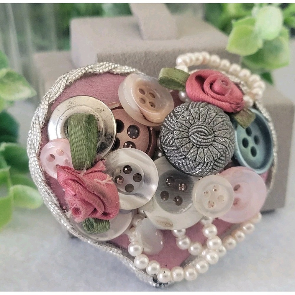 Artisan Button Heart Brooch Pearl Ribbon Rose Assemblage Wearable Art